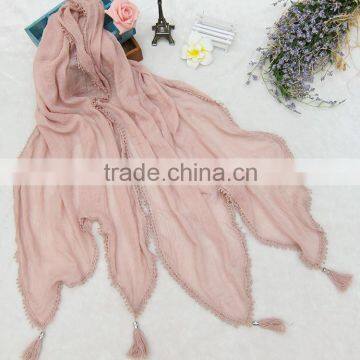 Fashion Latest Large Long Plain Cotton Linen Embroidery Lace Brim Tassel Scarf Shawl