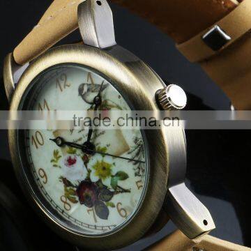 Leather strap enamel printing quartz fashion watch flowers beautiful wristwatch LD131