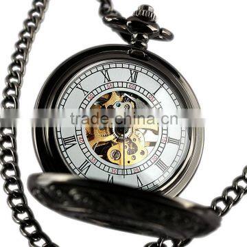 ESS Black Skeleton Mechanical Pocket Watch With Chain WP117