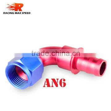 Aluminum oil cooler hose fitting 90 degree push on hose end push on fitting blue and red 10-090-06