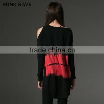PT-042 Black and Red Color V-neck One Shoulder High-low Hemline T-shirt photo-3