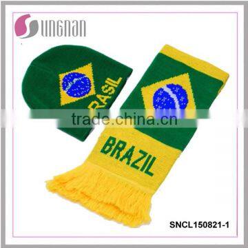 2015YIWU alibaba hot sell 100%acrylic knitted football scarf fan scarf soccer scarf and hats