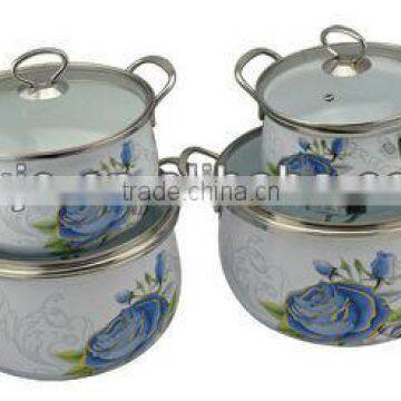 Russia enamel pot with glass lid,S/S handle and full flower