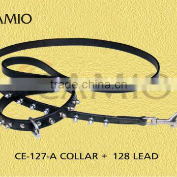 CE 127 A + 128 Leather dog collar + Dog lead with Spicks