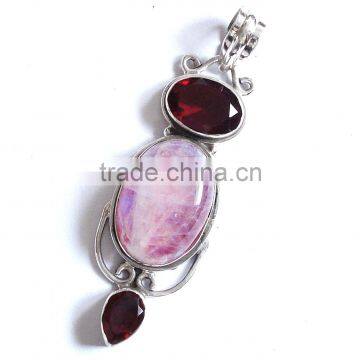 Sterling Silver Pink Moonstone with Garnet Pendant, Semiprecious Pendant