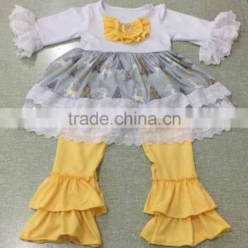 2016 hot sale Christmas deer dress top yellow girls ruffle pant set 95% cotton material best quality baby clothes