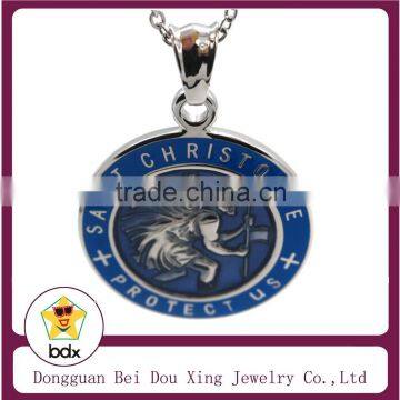 Handmade Blue Enamle Stainless Steel High End French Religious Pendant Saint Christopher Surf Round Shape Medal For Muslim User