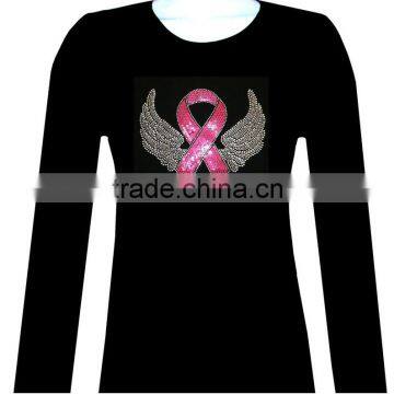 FASHION PINK RIBBON WINGS LONG SLEEVE RHINESTONE T-SHIRT