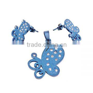 SRS0090 China Wholesale Stainless Steel Jewelry Hollow Blue Butterfly Jewelry Set