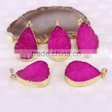 Rose Red color Water Drop Agate Quartz Druzy Pendant Gold Plated Jewelry Stone Pendants
