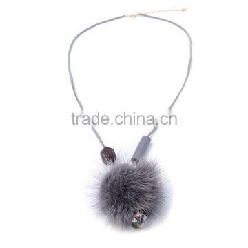 Winter Mink Fur Ball Pendant Necklace Geometric Bead Suede Leather Necklace Velvet Leather Necklace