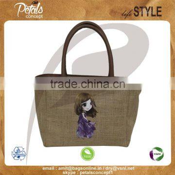 PP laminated jute tote bag with PU trimmed handle bottom & top zip patty with inside lining