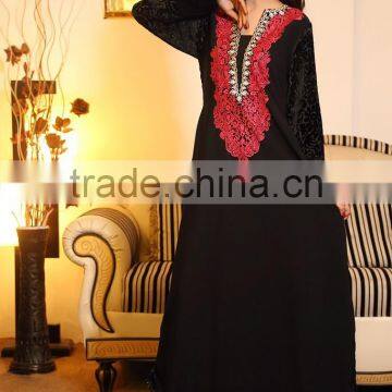Fashion Designer Winter Front Neck Embroidery Designs For Long Kurtis With Velvet Sleeves Pakistani Style HSD7739 photo-4