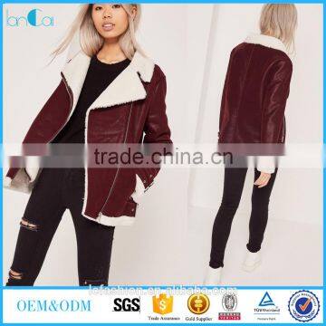 letest new coat design faux fur lined pilot jacket burgundy women winter coats