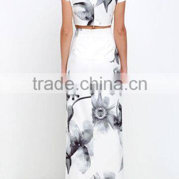 High Split Skirt With Short Sleeve Crop Top for Ladies 2017 New Fashion Water Printed Floral Two Pieces Sets photo-3