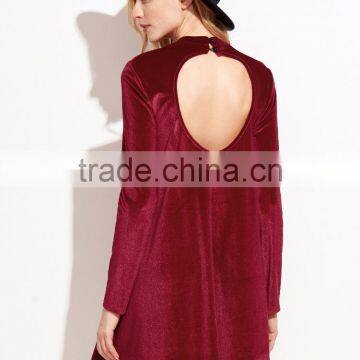 Red Velvet Backless Long Sleeve Shift Dress 100% Cotton Casual Sexy Back Hole Dress photo-2