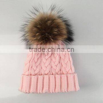 Myfur Fuzzy Big Raccoon Fur Bobble Cable Knit Hat Wholesale Girls Beanie
