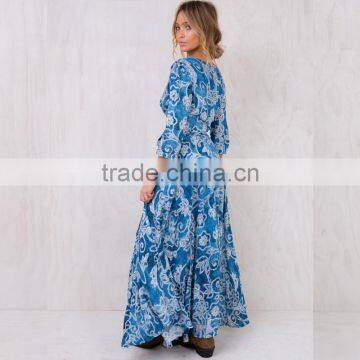 Paisley Print Long Sleeve Maxi Wrap Dress in Blue for Mature Women photo-4