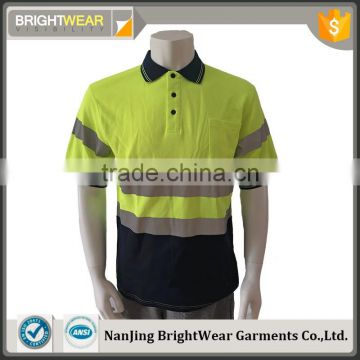 Mens high visibility reflective custom printed short sleeve manufacturer contrast heat-applied tape safety polo shirt