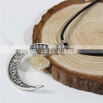 New Fashion Yellow Natural Citrine Druzy /Drusy Moon Pendant Necklace Black Cord Antique Silver Pattern Hollow 44.8cm Long