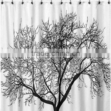 Wholesale Price 180180cm Waterproof Black Scenery Tree Design White Fabric Bathroom Shower Curtain Liner Hooks Polyester photo-4