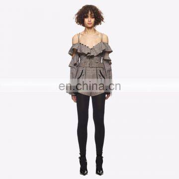 Amigo 2017 new design British style Checker printed strap falbala sleeve mini casual jumpsuits for women out wear