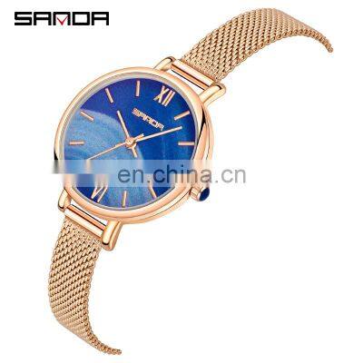 Sanda P1055 Vintage Women Quartz Wristwatch Set Stainless Steel Mesh Analog Simple Design Western Watches Ladies