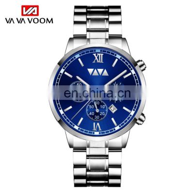 Hot VA VA VOOM 2142 Men Analog Quartz Wristwatch Blue Dial Silver Stainless Steel make your own watch brand