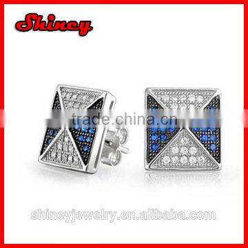 Fathers Day Gift Micro Pave Blue White Pyramid micro CZ Mens Stud Earrings