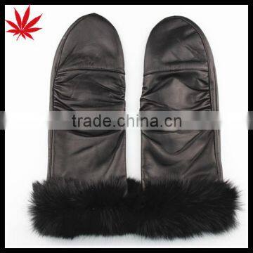 Winter leather gloves mittern with rabbit fur fake fur lined