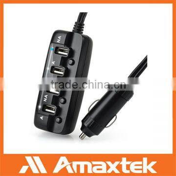 Customized Available Durable 4 Port Female USB Socket Car Charger with Cable & Individual Switch & LED Light