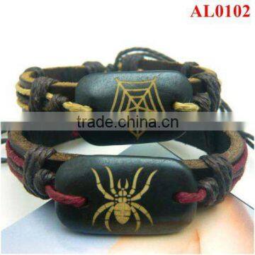 Retro Couple lovers bracelet with leather&hemp&ox bones carved spider and spider web AL0102