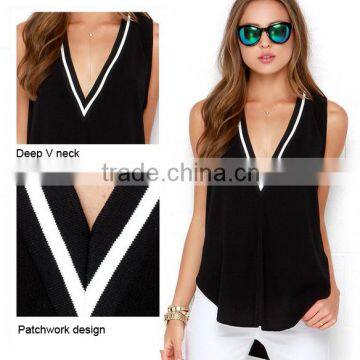 2016 black sexy Deep V-neck woman tops fashion ladies t-shirt with patchwork design                        
                                                Quality Choice