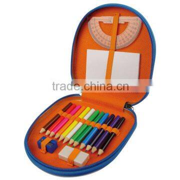 3.5" 12color pencil. 1pcs sharpener. 1pc eraser.and 1pc ruler.1 pc note book, metal box packing.