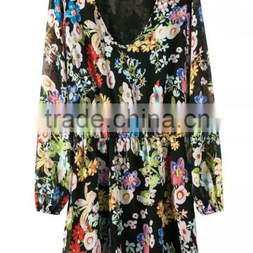 clothing manufacturer deep v neck colorful long casual pant sleeve printed fabric chiffon jumpsuit