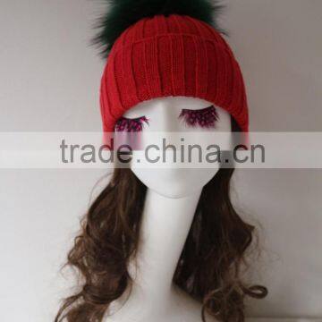 High Quality Knitted Beanie With Fur Pompom Girls Winter Beanie Hat