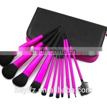 Hot Sell Magenta Color 11PCS Goat Hair Aluminium Tapered Handle Makeup Brush Set With PU Pouch