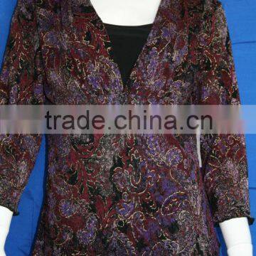 Flower printed 2-fer beaded blouse for middle aged women