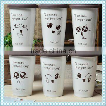 Wholesale low MOQ ceramic double wall mug , anti-hot double wall ceramic mug with silicone lid