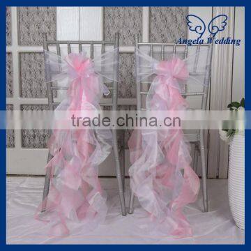 CH098B New 2015 wholesale Nice cheap organza wedding ruffled curly willow pink and white chair sash