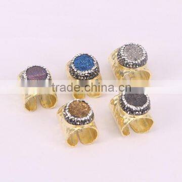 Natural Agate Stone Druzy Rings, Metal Copper Gold Plated Wide Band Crystal Zircon Paved Agate Ring