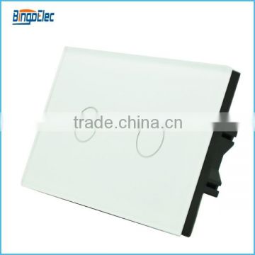 2 gang white color toughened glass panel null and live wires touch switch