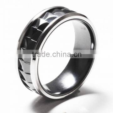 Mixed material carved titanium rings stainless steel with carved black zirconium inlaid rings