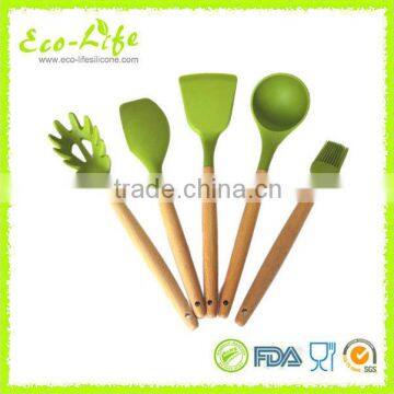 BPA Free 5pcs Set Silicone Kitchen Utensils with Bamboo Handle, Kitchenware Cooking Tool, Brush Spatula Spaghetti Turner Ladle