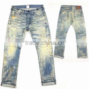 Custom High quality vintage wash distressed Japanese selvedge jeans denim selvedge denim jeans(LOTR012)