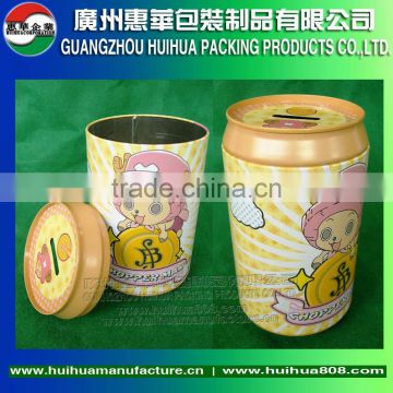 Children use cola shape coin tin can