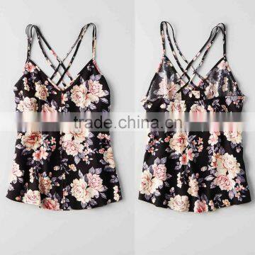 Women Sexy Tank Top Floral PRINTED Strappy Cross Back Design BUTTON CAMI