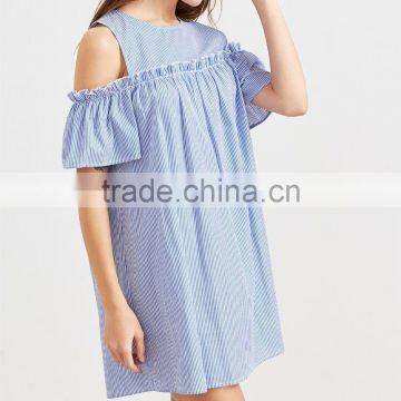 Blue Striped Cold Shoulder Ruffle Trim Dress Womens Dresses New Arrival 2017 Summer Short Sleeve Cute Dress