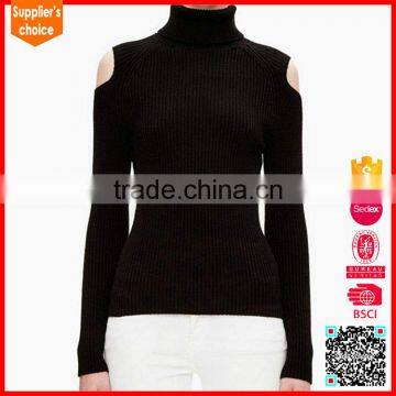 Latest design long sleeves fashion black cotton ladies turtle neck sweater