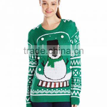 Women Green Sweater Rhinestone Embelished Snow Globe Design Christmas Sweater With Led Light